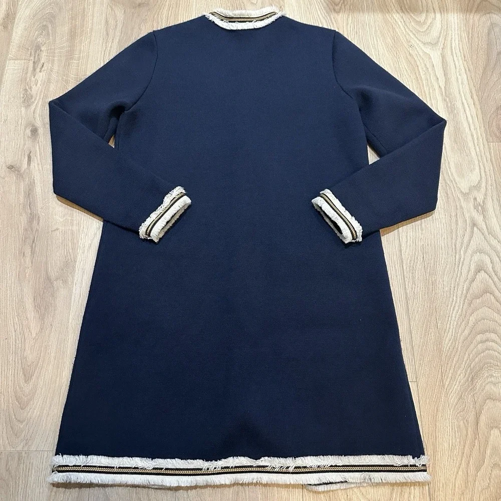 Tory Burch Wool Kendra Fringe Trimmed Sweater Coat Navy Sz M Heavy Weight Preppy